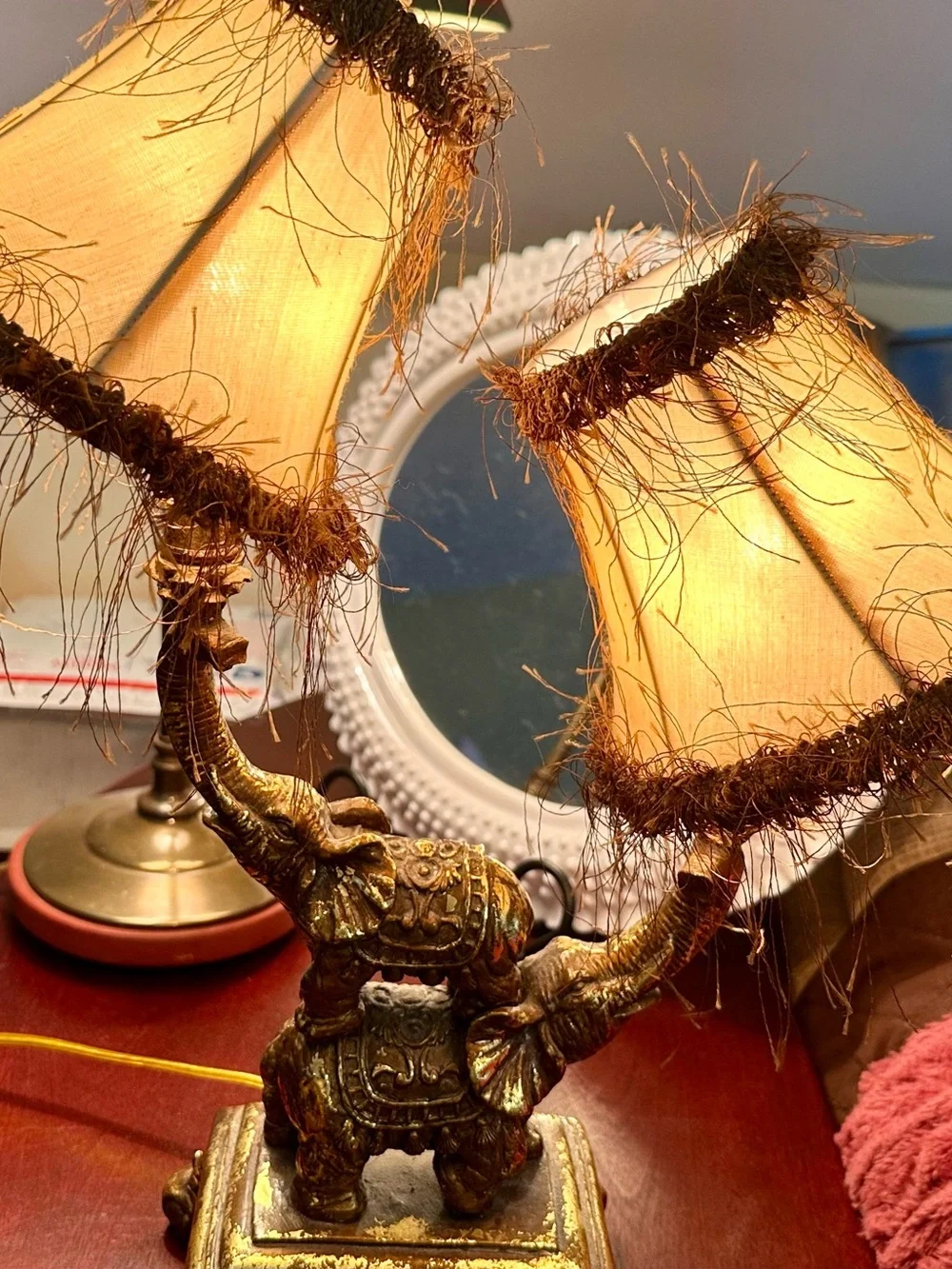 Antique-Style Gold Elephant Double Table Lamp with Beige Shades